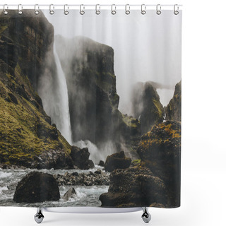 Personality  Beautiful Icelandic Landscape With Haifoss Waterfall On Misty Day Shower Curtains