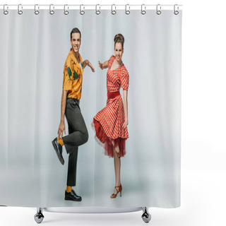 Personality  Stylish Dancers Looking At Camera While Dancing Boogie-woogie On Grey Background Shower Curtains