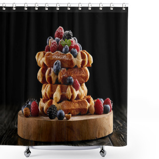 Personality  Freshly Baked Stack Of Belgian Waffles With Berries On Wooden Cutting Board On Black Shower Curtains