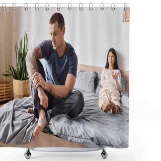 Personality  Upset Tattooed Man Sitting On Bed Near Frustrated Asian Wife, Family Relationship Difficulties Shower Curtains