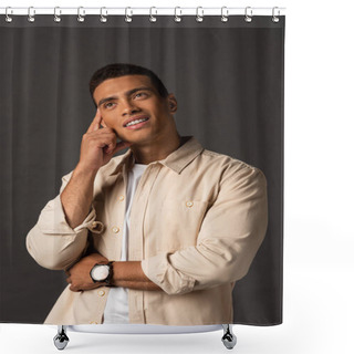 Personality  Dreamy Handsome Mixed Race Man In Beige Shirt On Black Background Shower Curtains