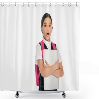 Personality  Shocked Schoolgirl Holding Laptop And Looking At Camera, Girl In School Uniform, Isolated On White Shower Curtains