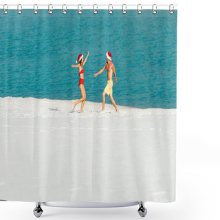 Personality  Sexy Girlfriend And Boyfriend In Santa Hats With Outstretched Hands On Beach In Maldives  Shower Curtains