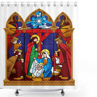 Personality  Stained Glass Window Depicting Christmas Scene In Gothic Frame I Shower Curtains