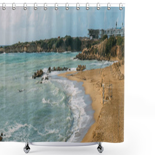 Personality  Panoramic Shot Of Coastline And Sandy Beach Near Mediterranean Sea Shower Curtains