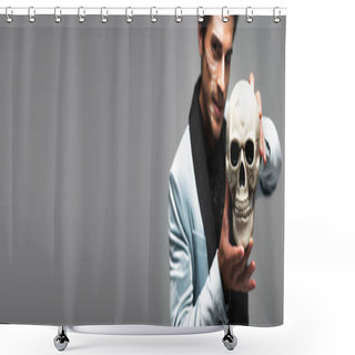 Personality  Blurred Man In Halloween Makeup Showing Spooky Skull Isolated On Grey, Banner Shower Curtains