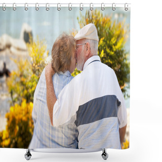 Personality  Happy Senior Couple Kissing At Park Shower Curtains