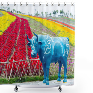 Personality  Colorful Flower Field With Blue Cow Statue  Shower Curtains