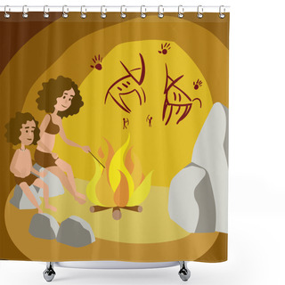 Personality  Primeval Woman With Child In Cave Cartoon Vector Shower Curtains