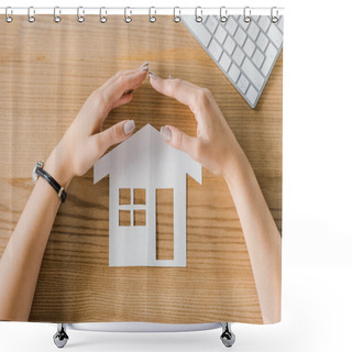 Personality  Partial View Of Businesswoman Covering House Paper Model On Wooden Tabletop With Hands, Insurance Concept Shower Curtains
