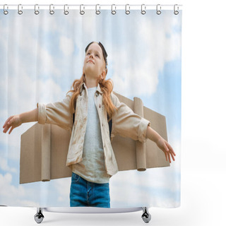 Personality  Low Angle View Of Child With Paper Plane Wings And Protective Eyeglasses With Outstretched Arms Against Blue Cloudy Sky Shower Curtains