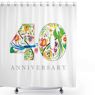 Personality  40 Years Old Logotype. 40 Th Anniversary Numbers. Decorative Symbol. Age Congrats With Peacock Birds. Isolated Abstract Graphic Design Template. Royal Colorful Digits. Up To 40% Percent Off Discount. Shower Curtains