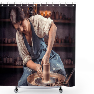 Personality  Charming Professional Potter Making Pottery, Sculptor From Wet Clay On Wheel. Handiwork. Shower Curtains