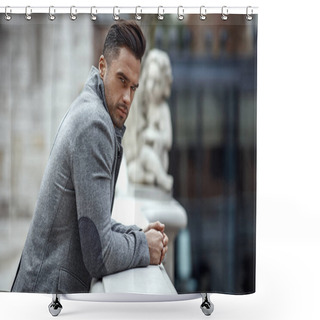 Personality  Portrait Of Handsome Man In Gray Stylish Jacket  Shower Curtains