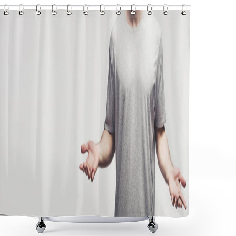 Personality  Cropped View Of Man In Grey T-shirt Showing Shrug Gesture Isolated On Grey, Panoramic Shot, Human Emotion And Expression Concept Shower Curtains