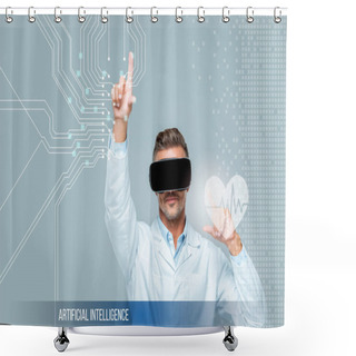 Personality  Scientist In Virtual Reality Headset Touching Medical Care Interface With Heartbeat Isolated On Grey, Artificial Intelligence Concept Shower Curtains