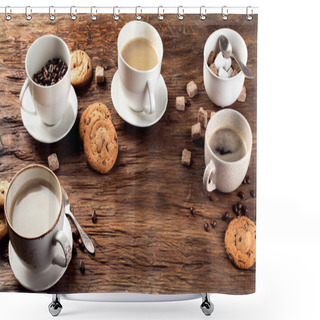 Personality  Coffee Cups  On A Rustic Background. Shower Curtains