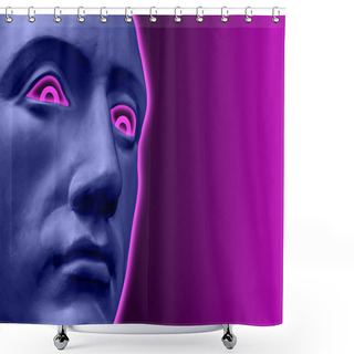 Personality  Collage With Antique Sculpture Of Mask Human Face In Neon Style. Modern Creative Concept Image With Ancient Statue Head. Zine Culture. Contemporary Art Poster. Unusual Design. Funky Punk Minimalism. Shower Curtains