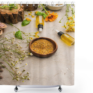 Personality  Wildflowers, Herbs, Bottles On Concrete Background, Naturopathy Concept Shower Curtains