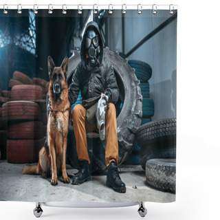 Personality  Stalker In Gas Mask And Dog, Friends In Post Apocalyptic World. Post-apocalypse Lifestyle On Ruins, Doomsday Concept Shower Curtains