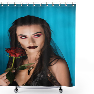 Personality  Mysterious Young Woman With Black Makeup In Veil Looking Away Near Rose On Blue Shower Curtains