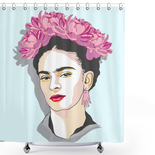 Personality  Magdalena Carmen Frida Kahlo Portrait With Flowers. Magdalena Carmen Frida Kahlo Y Calderon (6 July 1907  13 July 1954), Usually Known As Frida Kahlo, Was A Mexican Painter. She Was Married To Diego Rivera, Also A Well-known Painter. Vector Illustrat Shower Curtains