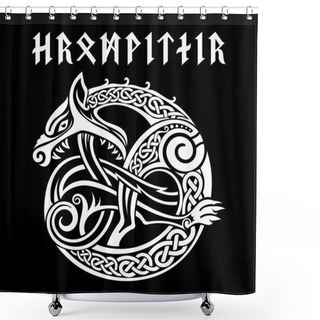 Personality  Scandinavian Viking Design. Mythological Beast Fenrir Wolf In Celtic Scandinavian Style And Inscription Of The Ancient Scandinavian Runes - Dire Wolf Shower Curtains