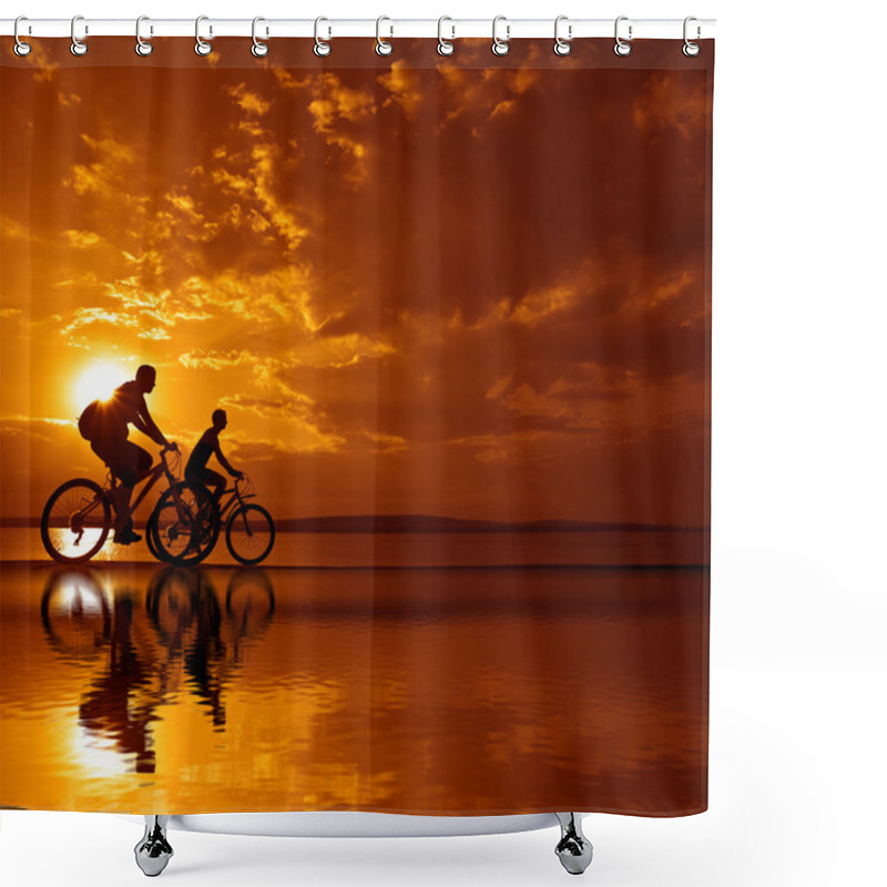 Personality  Silhouettes Of Cyclists On Coast.  Shower Curtains
