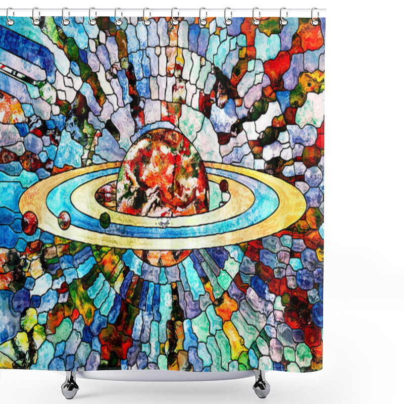 Personality  Stained Glass Forever Series. Image Of Saturn Like Planet Executed With Mosaic Style On The Subject Of Science, Education, Astronomy And Nature Shower Curtains