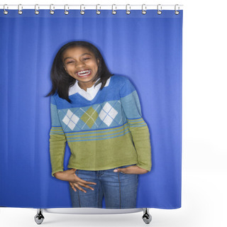 Personality  Portrait Of Smiling Girl. Shower Curtains
