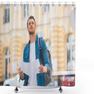 Personality  Portrait Of Traveler With Backpack And Map On City Street Shower Curtains