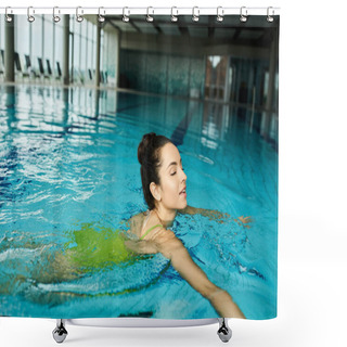 Personality  A Young Brunette Woman In A Swimsuit Gracefully Swims In An Indoor Pool Shower Curtains