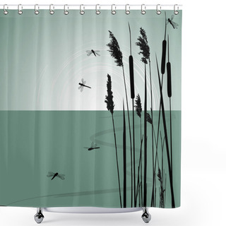 Personality  Reeds In The Water And Few Dragonflies - Vector Shower Curtains