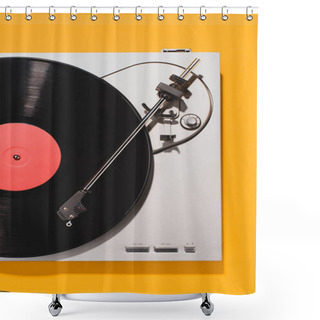 Personality  Top View Of Retro Vinyl Player And Record Isolated On Yellow Shower Curtains