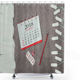 Personality  Top View Of Arranged Menstrual Pads And Tampons, Calendar And Pills On Grey Surface Shower Curtains