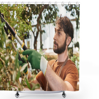 Personality  Handsome Gardener In Linen Apron Cutting Branch On Tree With Big Secateurs In Greenhouse Shower Curtains