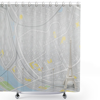 Personality  Selective Focus Of Pins Near Small Eiffel Tower Statuette On Map Of Paris  Shower Curtains