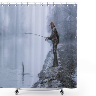 Personality  Fisher Man Fishing With Spinning Rod On A River Bank At Misty Foggy Winter, Spin Fishing, Prey Fishing Shower Curtains