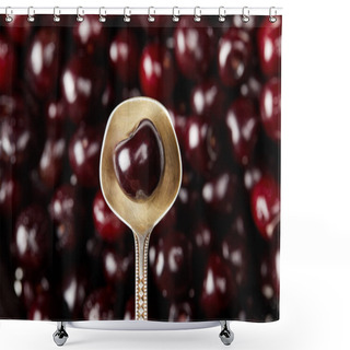Personality  Top View Of Fresh Ripe Sweet Cherry On Vintage Spoon On Blurred Cherries Background Shower Curtains