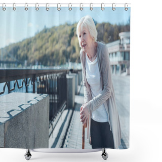 Personality  Ill Elderly Lady Promenading Along The Riverwalk Shower Curtains