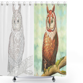 Personality  Adult Coloring Page. Owl Bird. Colorless And Color Sample Painted In Watercolor Imitating Style. Coloring Design With Doodle And Zentangle Elements. Vector Illustration.  Shower Curtains