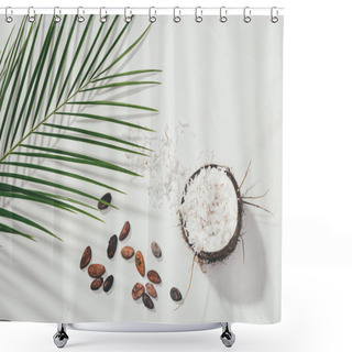 Personality  Top View Of Half Of Coconut With Shavings And Cocoa Beans With Green Palm Leaves On White Shower Curtains