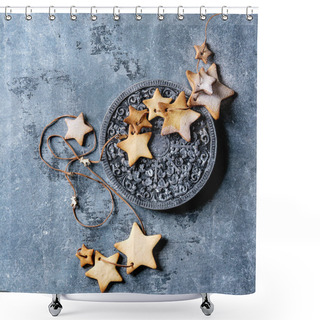 Personality  Homemade Shortbread Star Shape Sugar Cookies Different Size With Sugar Powder On Thread With Wood Ornate Board Over Blue Texture Surface. Christmas Treat Background. Top View, Space. Square Image Shower Curtains