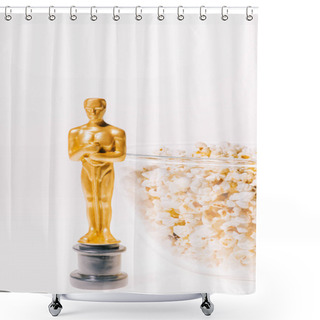 Personality  KYIV, UKRAINE - JANUARY 10, 2019: Shiny Oscar Award With Popcorn Bowl Isolated On White Shower Curtains