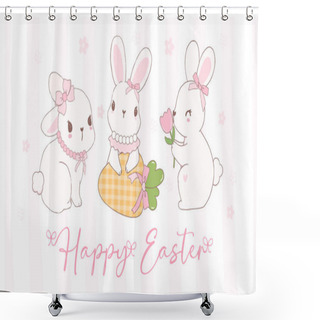 Personality  Cute Coquette Easter Bunnies Wear Bow Cartoon Banner, Sweet Retro Happy Easter Spring Animal. Shower Curtains
