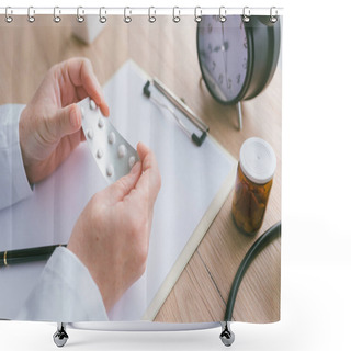 Personality  Female Doctor Holding Unlabeled Generic Tablets Shower Curtains