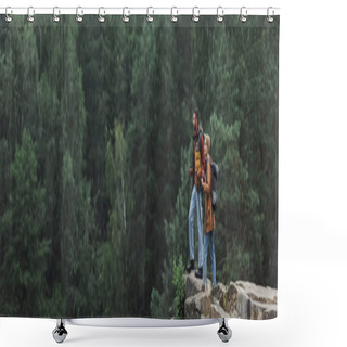Personality  Couple With Hiking Sticks Standing On Rocky Cliff, Banner Shower Curtains