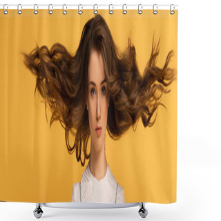 Personality  Panoramic Shot Of Beautiful Confident Spring Woman With Long Hair Isolated On Yellow Shower Curtains