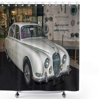 Personality  Moscow, Russia - April 02, 2017: White Jaguar S-type, 3,8 Litre, Great Britain 1965. Retro Car Exibition In Shopping Mall Metropolis. Shower Curtains