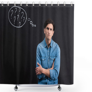Personality  Pensive Young Man With Question Marks In Thought Bubble On Blackboard Shower Curtains